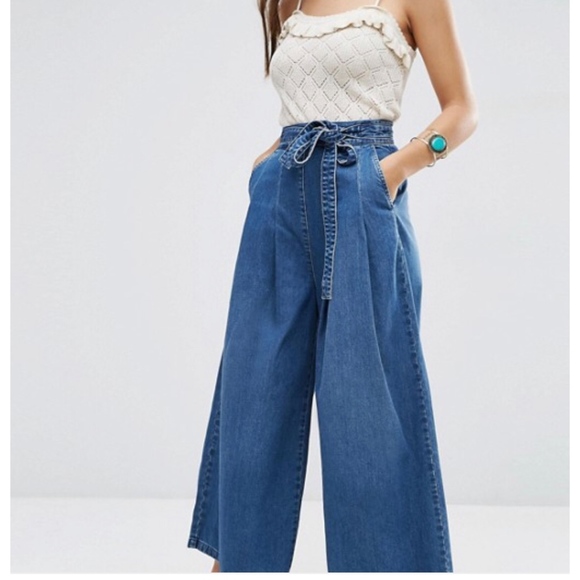 ASOS Denim - ASOS Super Wide Leg Jeans Tie Waist Mid Wash Blue
